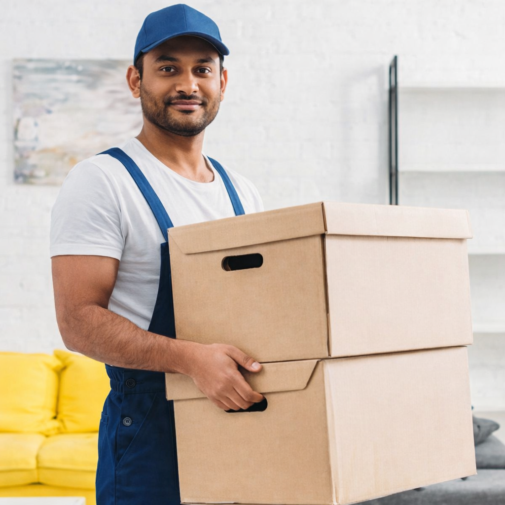 South Indian movers carefully unloading packed household goods at destination