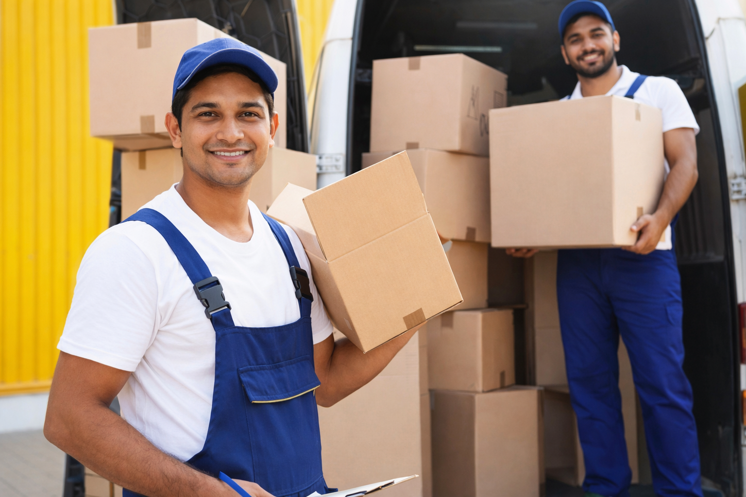 South Indian packers and movers team loading cardboard boxes into moving truck in Visakhapatnam, Vizianagaram and Srikakulam